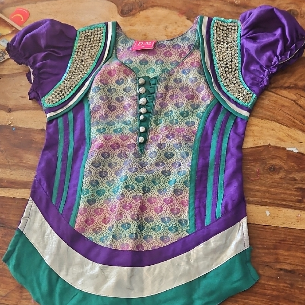 Purple and Green Blouse with Geometric Print and Metallic Trim With Gems